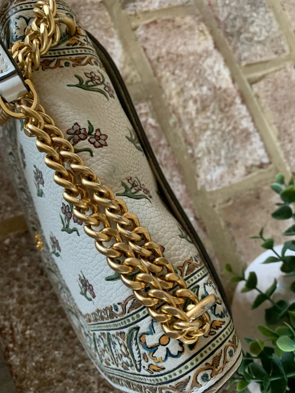 Tory Burch Cream Floral Printed Leather Crossbody with Gold Chain - Picture 9 of 16